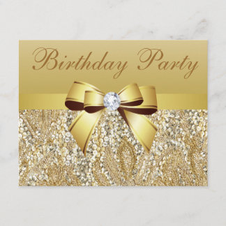 Gold Sequins, Bow & Diamond Birthday Party Invitation