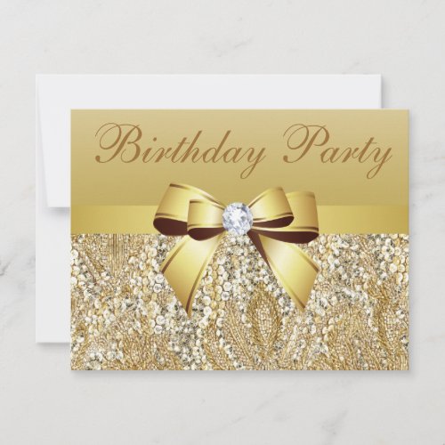Gold Sequins Bow  Diamond Birthday Party Invitation
