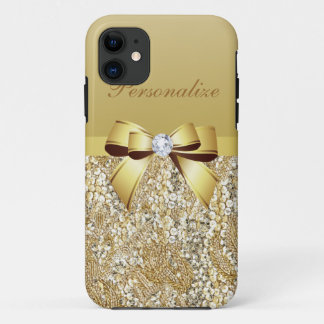 Gold Sequins, Bow & Diamond Personalized iPhone 11 Case