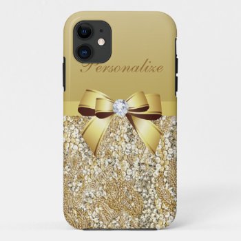 Gold Sequins  Bow & Diamond Personalized Iphone 11 Case by AJ_Graphics at Zazzle