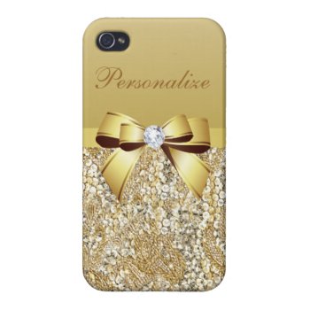 Gold Sequins  Bow & Diamond Personalized Case For Iphone 4 by AJ_Graphics at Zazzle