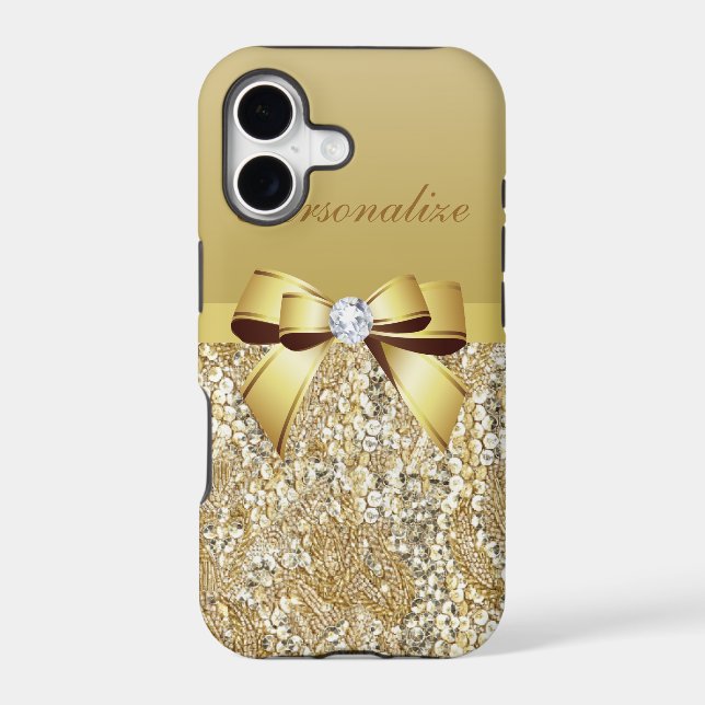 Gold Sequins, Bow & Diamond Personalized Iphone Case (Back)