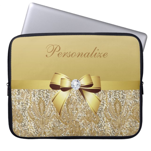 Gold Sequins, Bow & Diamond Personalized Laptop Sleeve (Front)