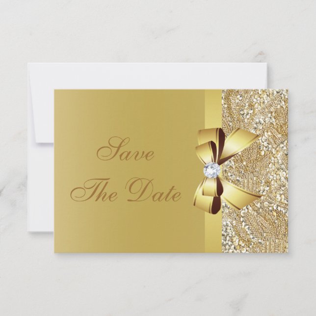 Gold Sequins, Bow & Diamond Save the Date Wedding (Front)