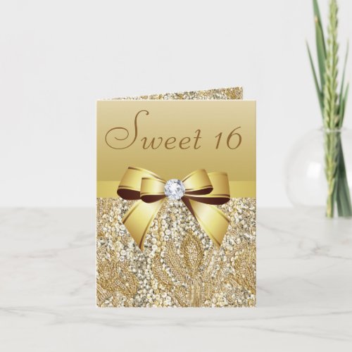 Gold Sequins Bow  Diamond Sweet 16 Invitation
