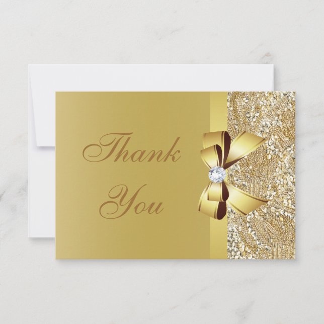 Gold Sequins, Bow & Diamond Thank You Wedding Card (Front)