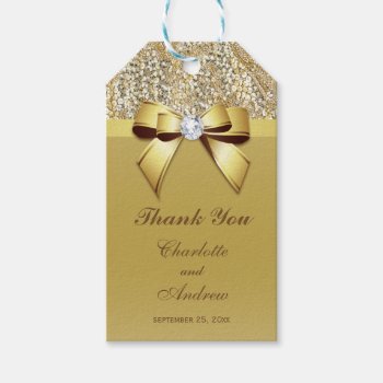 Gold Sequins Bow Diamond Wedding Gift Tags by GroovyGraphics at Zazzle