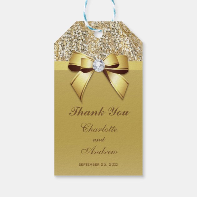 Gold Sequins Bow Diamond Wedding Gift Tags