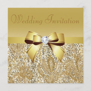Gold Sequins, Bow & Diamond Wedding Invitation