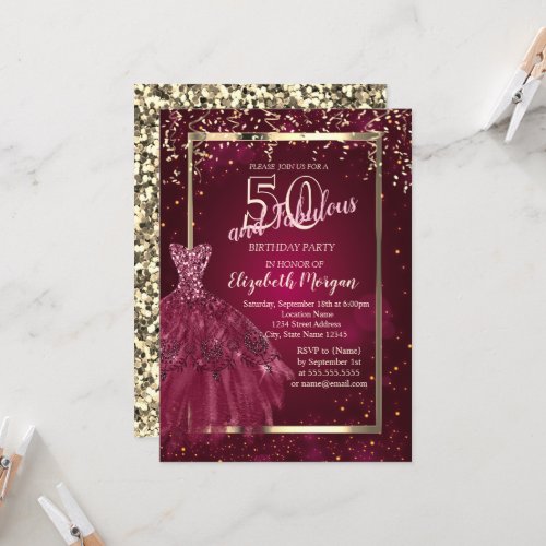 Gold Sequins Burgundy Glitter Dress 50th Birthday  Invitation