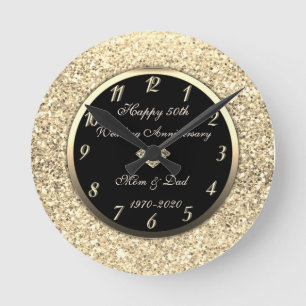 Gold Sequins Diamond 50th Wedding Anniversary Round Clock