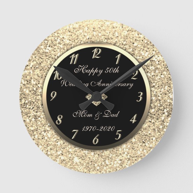 Gold Sequins Diamond 50th Wedding Anniversary Round Clock (Front)