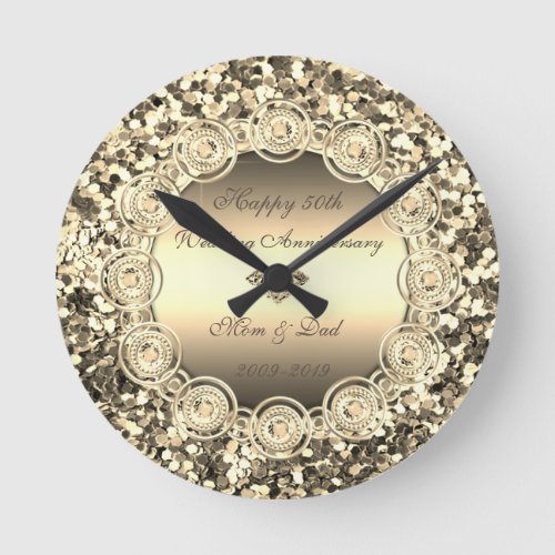 Gold Sequins Diamonds  50th Wedding Anniversary Round Clock