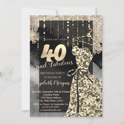Gold Sequins Dress 40th Birthday Party Invitation