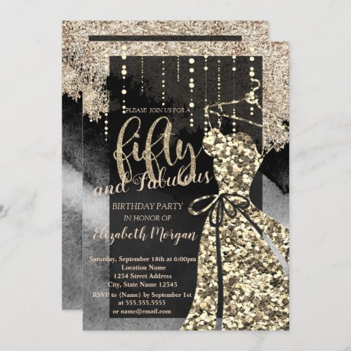 Gold Sequins Dress 50th Birthday Party Invitation