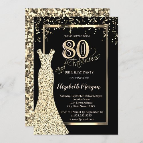 Gold Sequins Dress 80th Birthday  Invitation