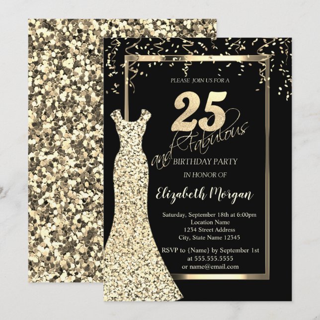 Gold Sequins Dress Black 25th Birthday  Invitation (Front/Back)