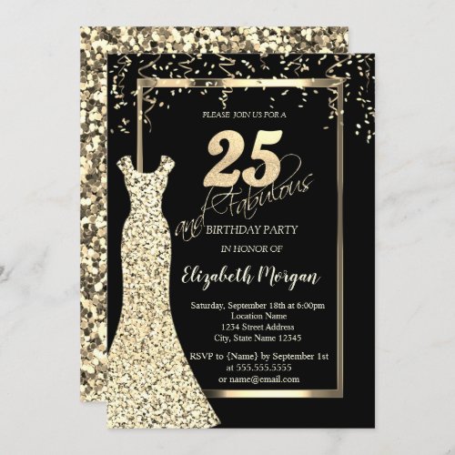 Gold Sequins Dress Black 25th Birthday  Invitation