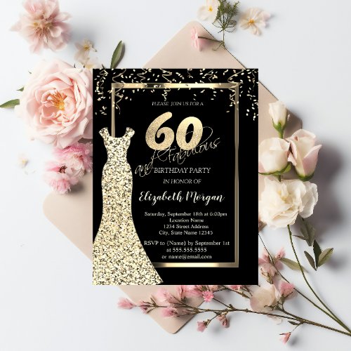 Gold Sequins Dress Black 60th Birthday  Invitation