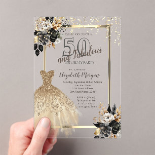 Gold Sequins Dress Black Roses 50th Birthday Acrylic Invitations