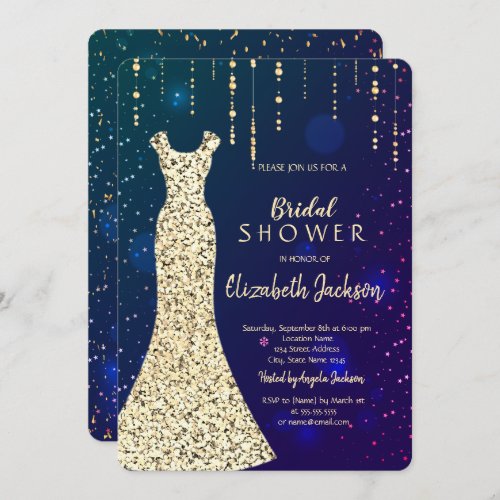 Gold Sequins Dress Blue Bridal Shower  Invitation