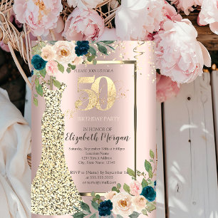 Gold Sequins Dress,Blue Rose Gold 50th Birthday  Invitation
