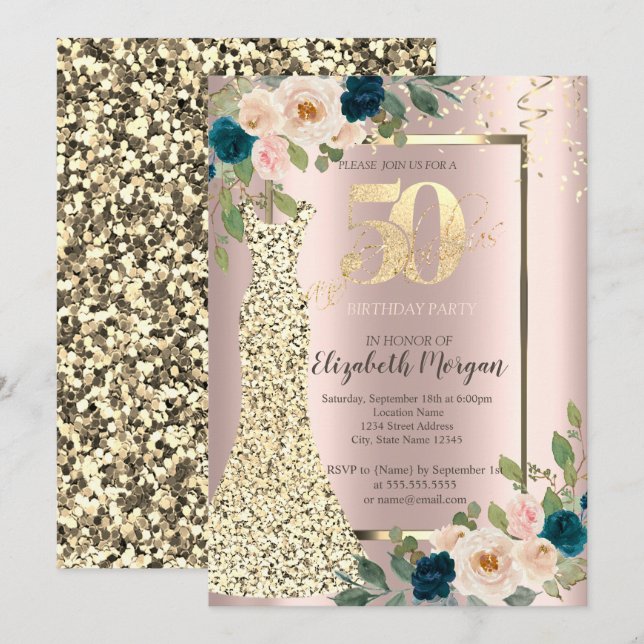 Gold Sequins Dress,Blue Rose Gold 50th Birthday  Invitation (Front/Back)