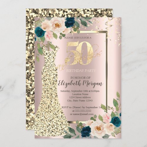 Gold Sequins DressBlue Rose Gold 50th Birthday  Invitation
