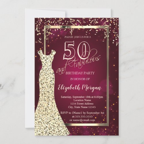 Gold Sequins Dress Burgundy 50th Birthday Invitation