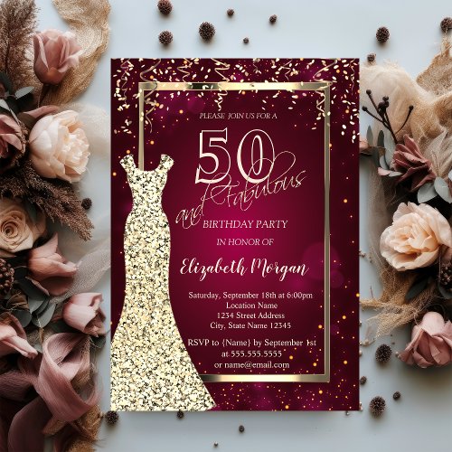 Gold Sequins Dress Burgundy 50th Birthday Invitation