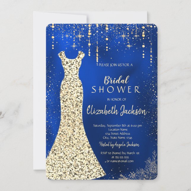 Gold Sequins Dress,Confetti Royal Blue Bridal Invitation (Front)