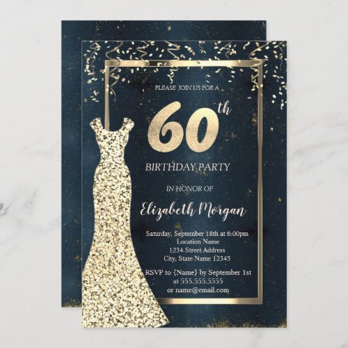 Gold Sequins Dress DarkFrame Blue 60th Birthday  Invitation