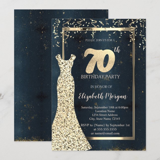 Gold Sequins Dress Dark,Frame, Blue 70th Birthday  Invitation (Front/Back)