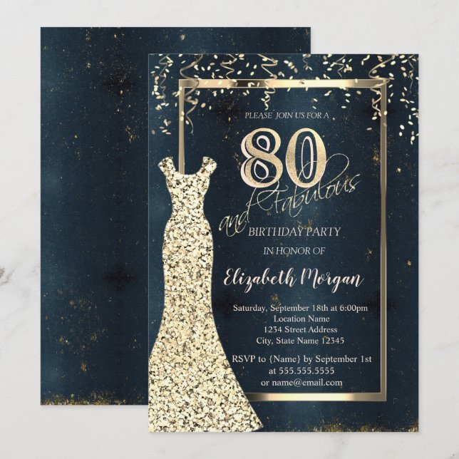 Gold Sequins Dress Dark,Frame, Blue 80th Birthday  Invitation (Front/Back)