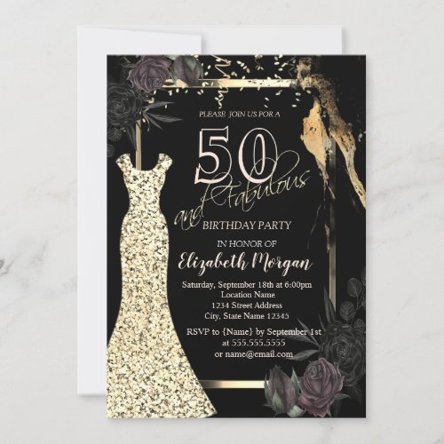 Gold Sequins Dress Dark Roses 50th Birthday Invitation