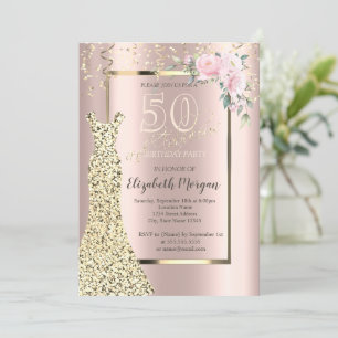 Gold Sequins Dress,Flower Rose Gold 50th Birthday Invitation