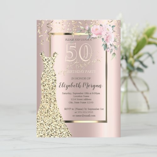 Gold Sequins DressFlower Rose Gold 50th Birthday  Invitation