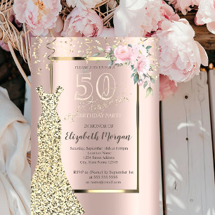 Gold Sequins Dress,Flower Rose Gold 50th Birthday  Invitation