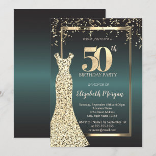 Gold Sequins Dress Frame,Dark Green 50th Birthday Invitation