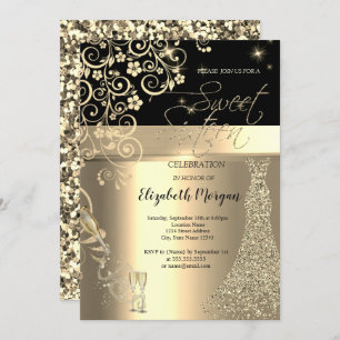 Gold Sequins Dress Glass Floral Sweet 16 Birthday Invitation