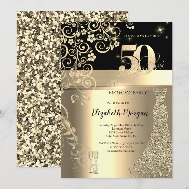 Gold Sequins Dress Glass Flowers 50th Birthday   Invitation (Front/Back)