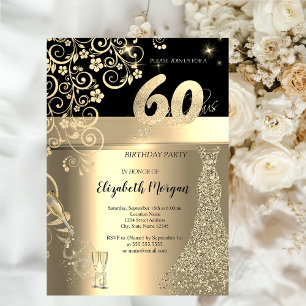 Gold Sequins Dress Glass Flowers 60th Birthday   Invitation