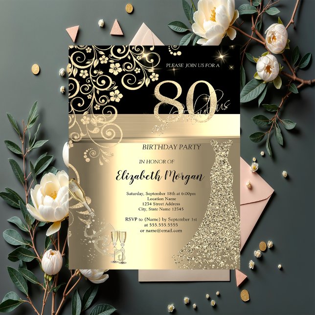 Gold Sequins Dress Glass Flowers 80th Birthday   Invitation (Creator Uploaded)