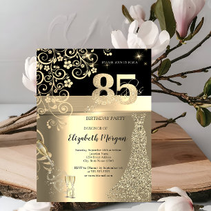 Gold Sequins Dress Glass Flowers 85th Birthday   Invitation