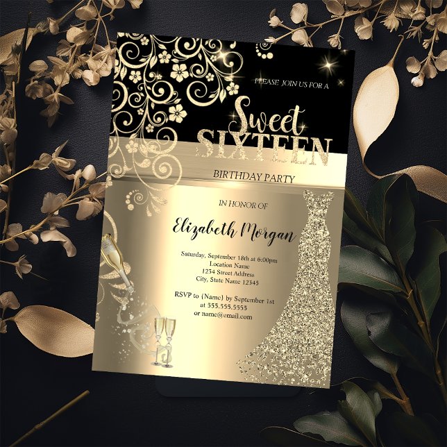 Gold Sequins Dress Glass Flowers Sweet 16 Birthday Invitation (Creator Uploaded)