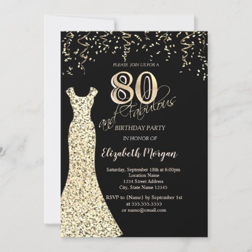 Gold Sequins Dress Glitter Border 80th Birthday  Invitation