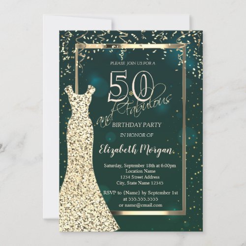 Gold Sequins Dress Green 50th Birthday Invitation