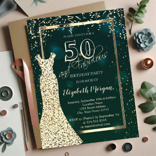 Gold Sequins Dress Green 50th Birthday Invitation