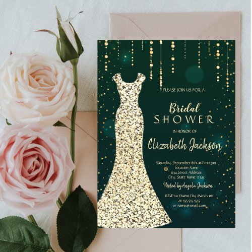 Gold Sequins DressGreen Bridal Shower Invitation