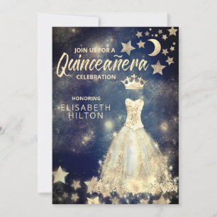 Gold Sequins dress moon stars Quinceañera blue Invitation